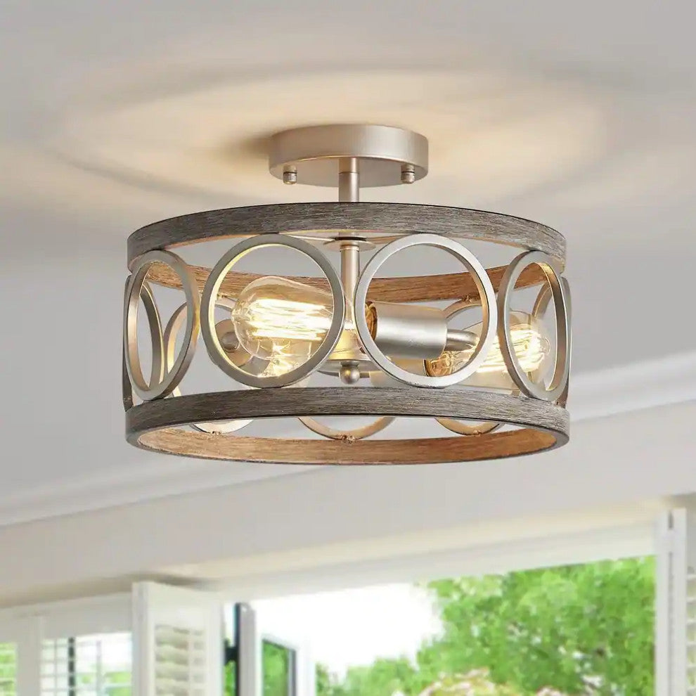 3 Light Semi Flush Mount Ceiling Lighting Fixture, Antique Wood Grain Drum