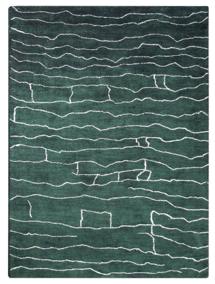 HAND KNOTTED LOOM SILK AREA RUGS-5'x8',Rectangle,Dark Green White,Contemporary