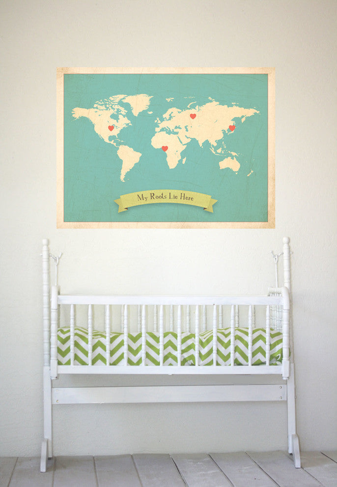 My Roots Personalized World Map in Blue 24"x18" Wall Art Poster