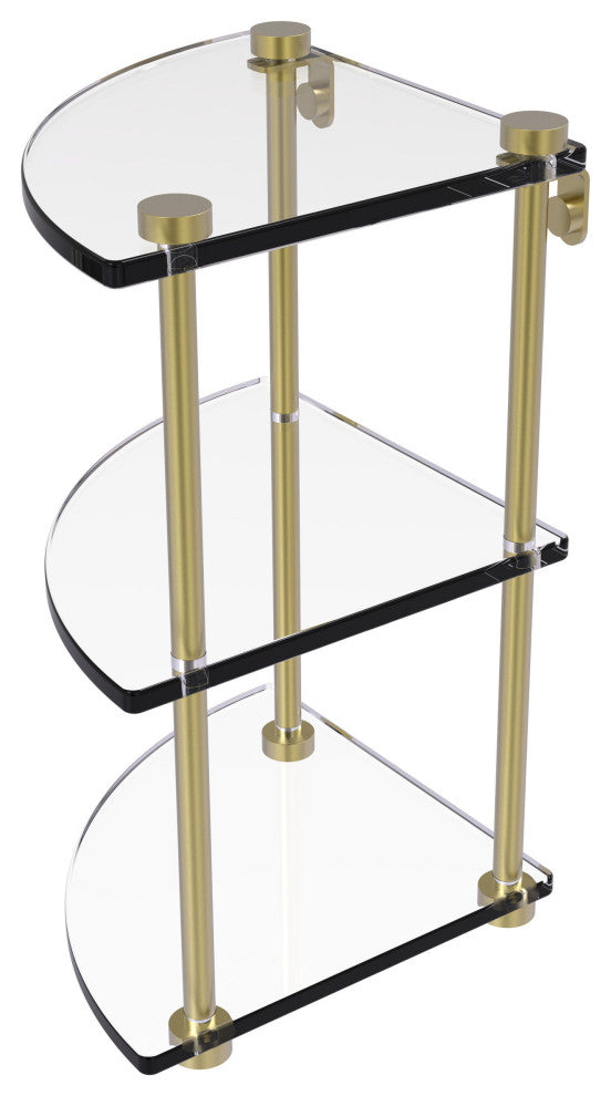 Three Tier Corner Glass Shelf, Satin Brass
