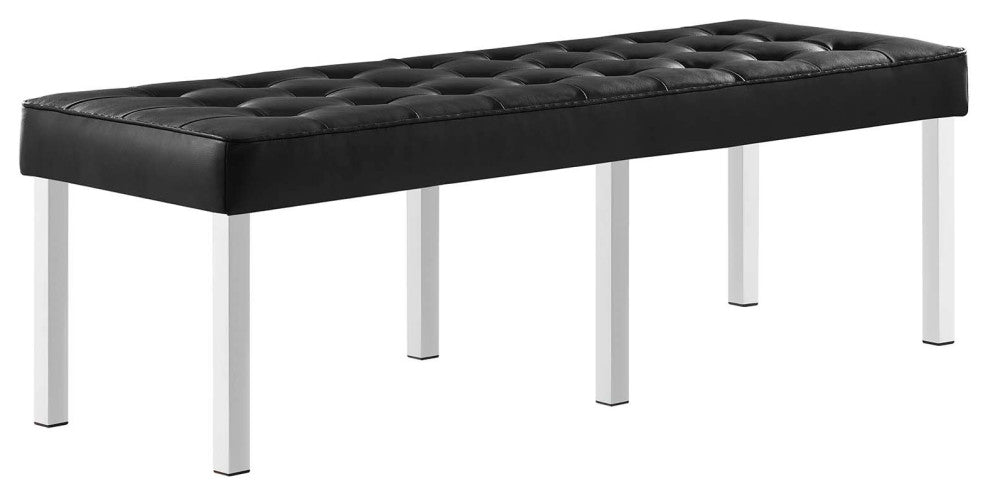 Loft Tufted Large Upholstered Faux Leather Bench Silver Black