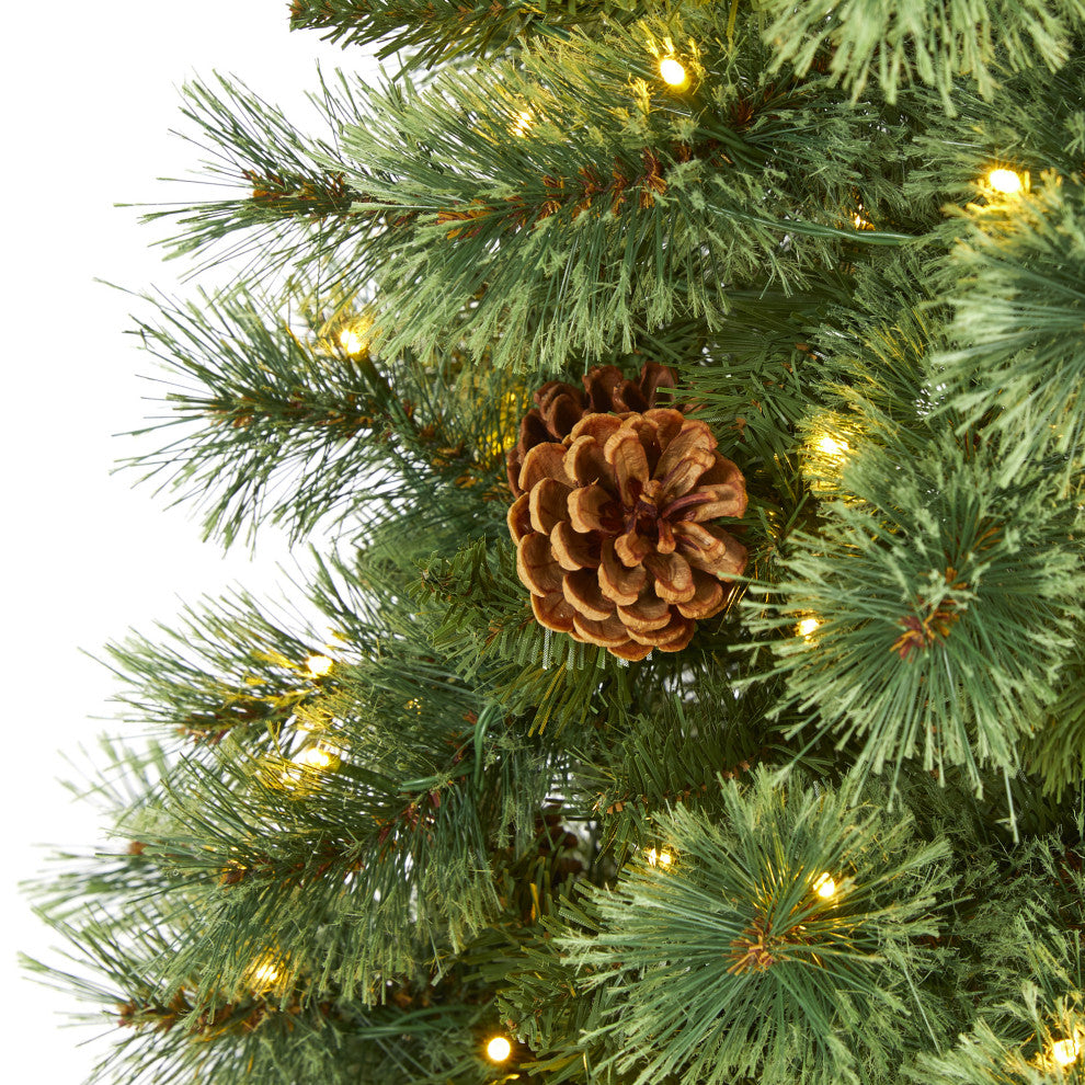 5' White Mountain Pine Faux Xmas Tree With 200 Clear LED Lights and Pine Cones