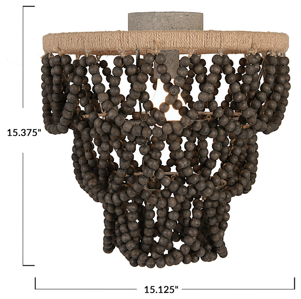 3-Tier Draped Wood Bead Semi-Flush Mount Chandelier, Dark Gray