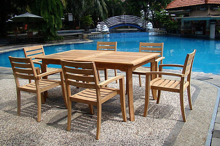 7-Piece Outdoor Teak Dining Set: 94" Rectangle Table, 6 Trav Stacking Arm Chairs