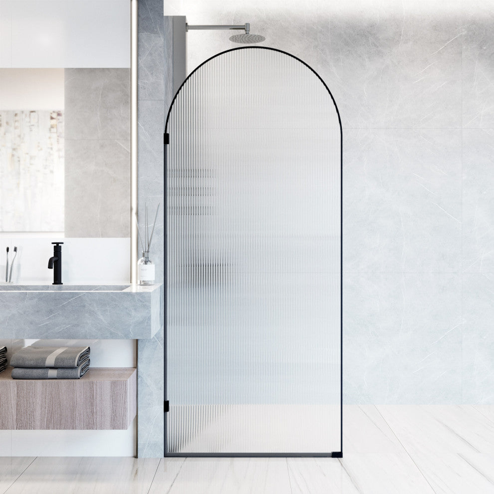 VIGO Arden 34" W x 78" H Frameless Fixed Shower Screen, Framed, Matte Black, Fluted Glass