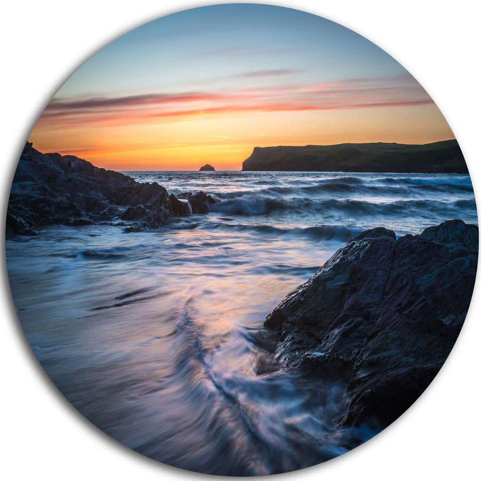 Setting Sun At Polzeath Beach, Modern Seascape Round Wall Art, 23"