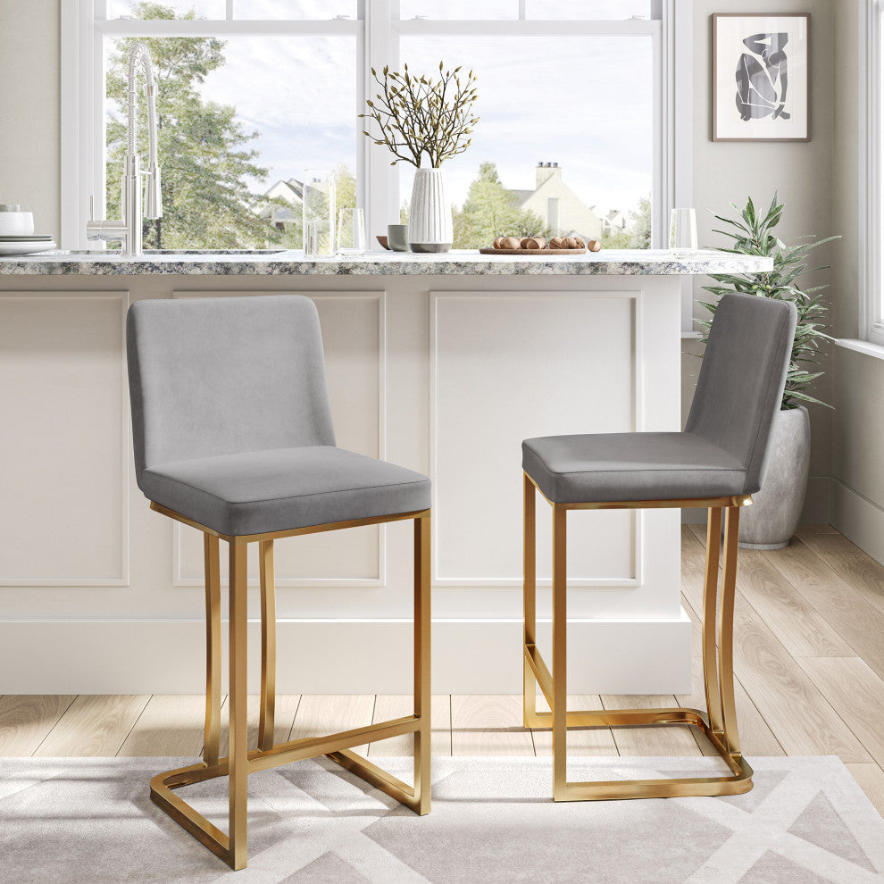 24" Barstools Counter Stools with Gold Metal Frame, Set of 2, Grey