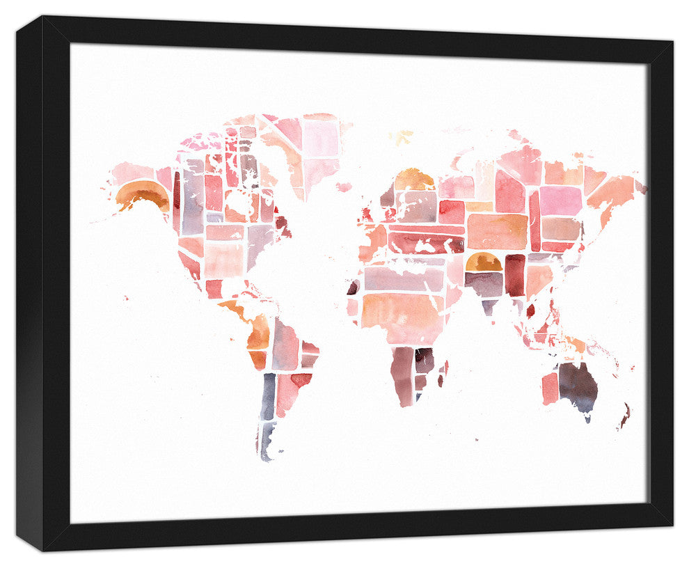 Pink World Map 16x20 Black Framed Canvas
