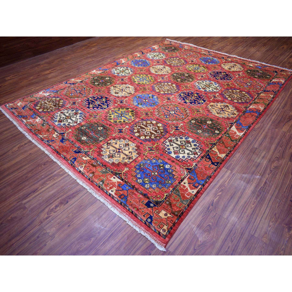 Red Turkeman Ersari with Geometric Design Hand Knotted Pure Wool Rug 8'8"x11'7"