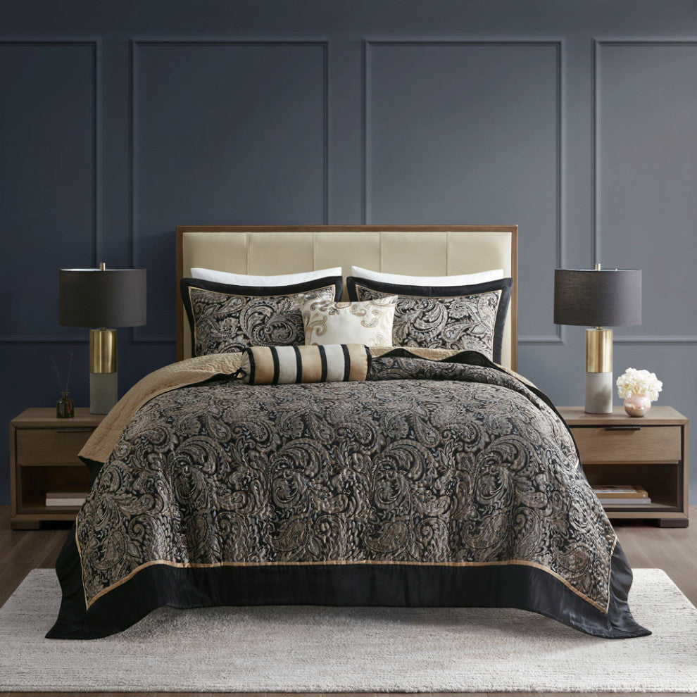 Madison Park Aubrey 5 Piece Reversible Jacquard Bedspread Set, Black