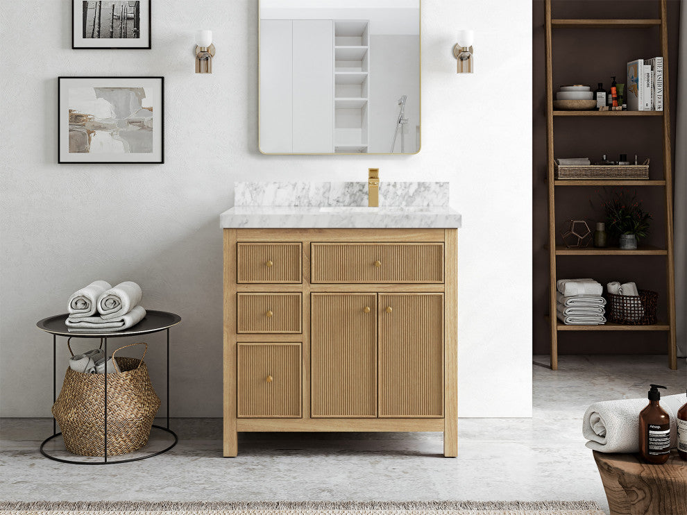 Sonoma 36 Right Offset Bath Vanity in Light Natural Teak with 2" Carrara Marble