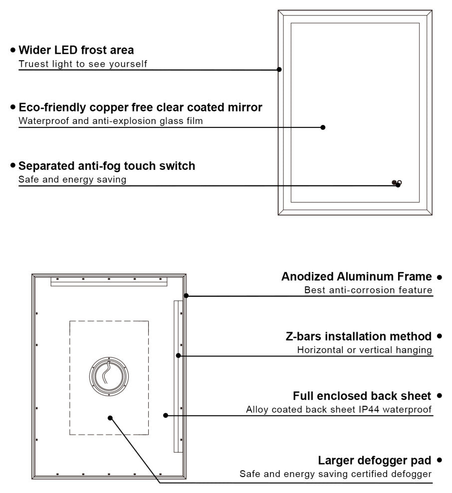 Beveled Bathroom LED Mirror Framed, Backlit and Front Light, Gold, 24"x32"