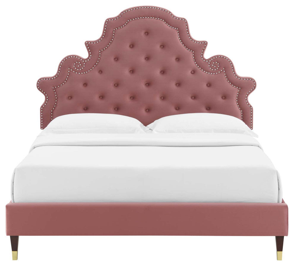 Tufted Platform Bed Frame, Queen Size, Velvet, Pink, Modern Contemporary