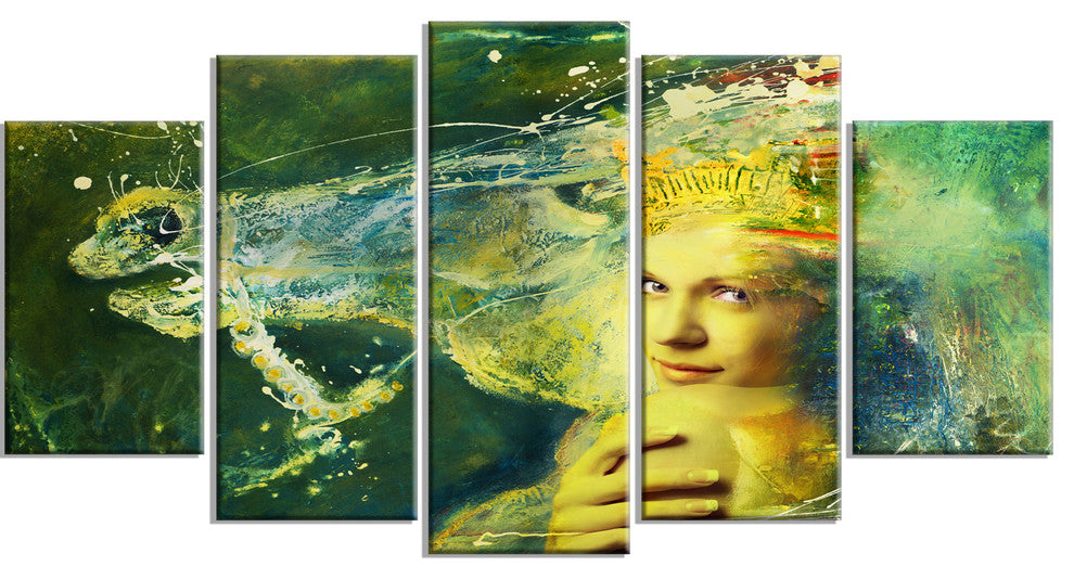 Thoroughbred Horse and Woman, Animal Canvas Wall Art, 60"x32", 5 Panels