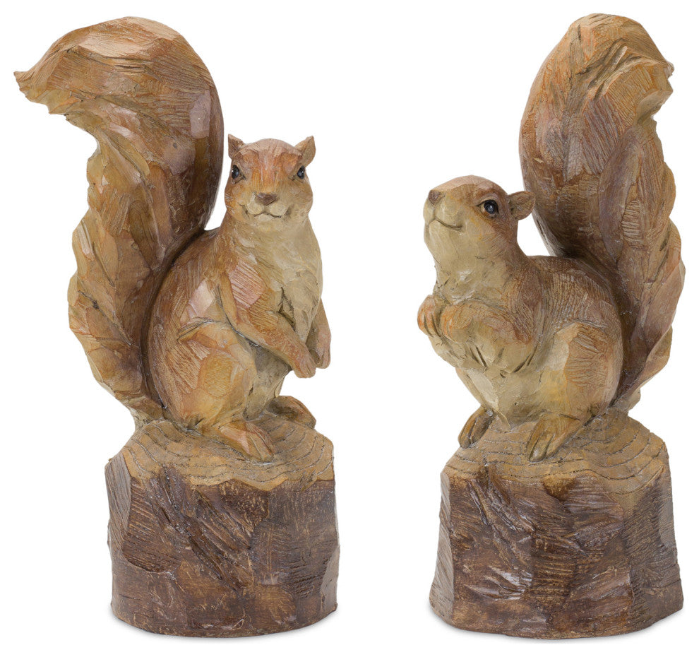 Perched Squirrel on Tree Stump Figurine, 2-Piece Set