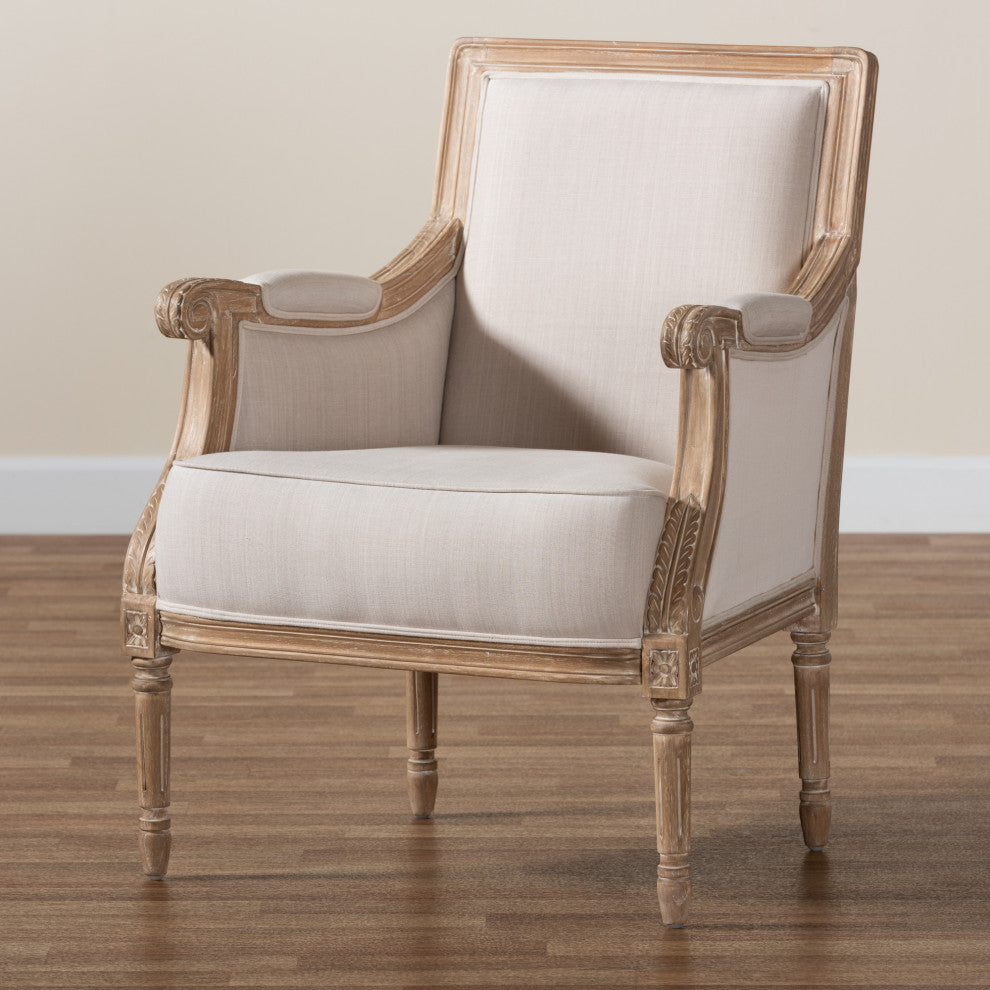 Baxton Studio Chavanon Wood & Light Beige Linen Traditional French Accent Chair