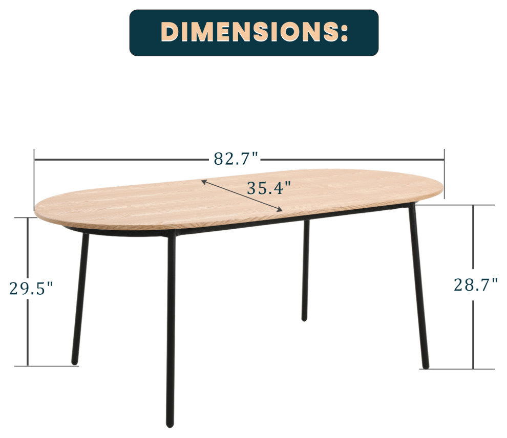 LeisureMod Tule 83" Oval Dining Table With MDF Top and Steel Legs, Natural Wood