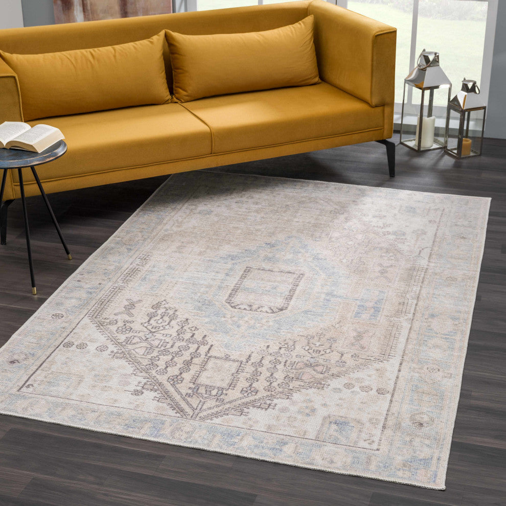 Hauteloom Light Brown and Blue Baloy Washable Area Rug, 6'7"x9' Rectangle