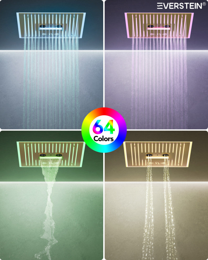 Music Shower System 16x6"Rainfall LED Shower Head With4 Way Thermostatic Faucet, Brushed Gold