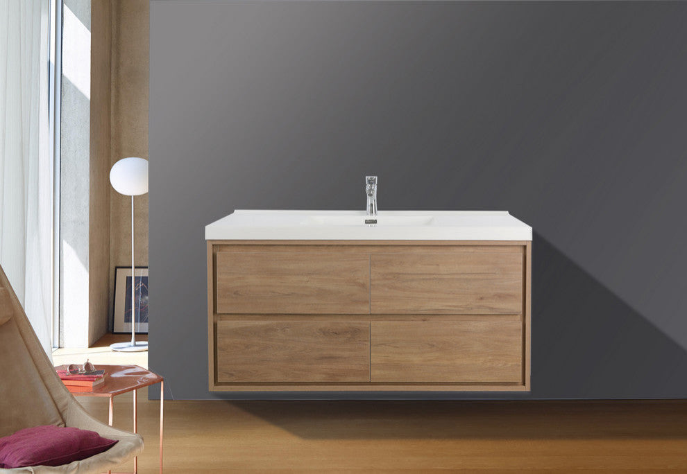 MOM 48" Wall Mounted Vanity With 4 Drawers and Acrylic Single Sink, Teak Oak