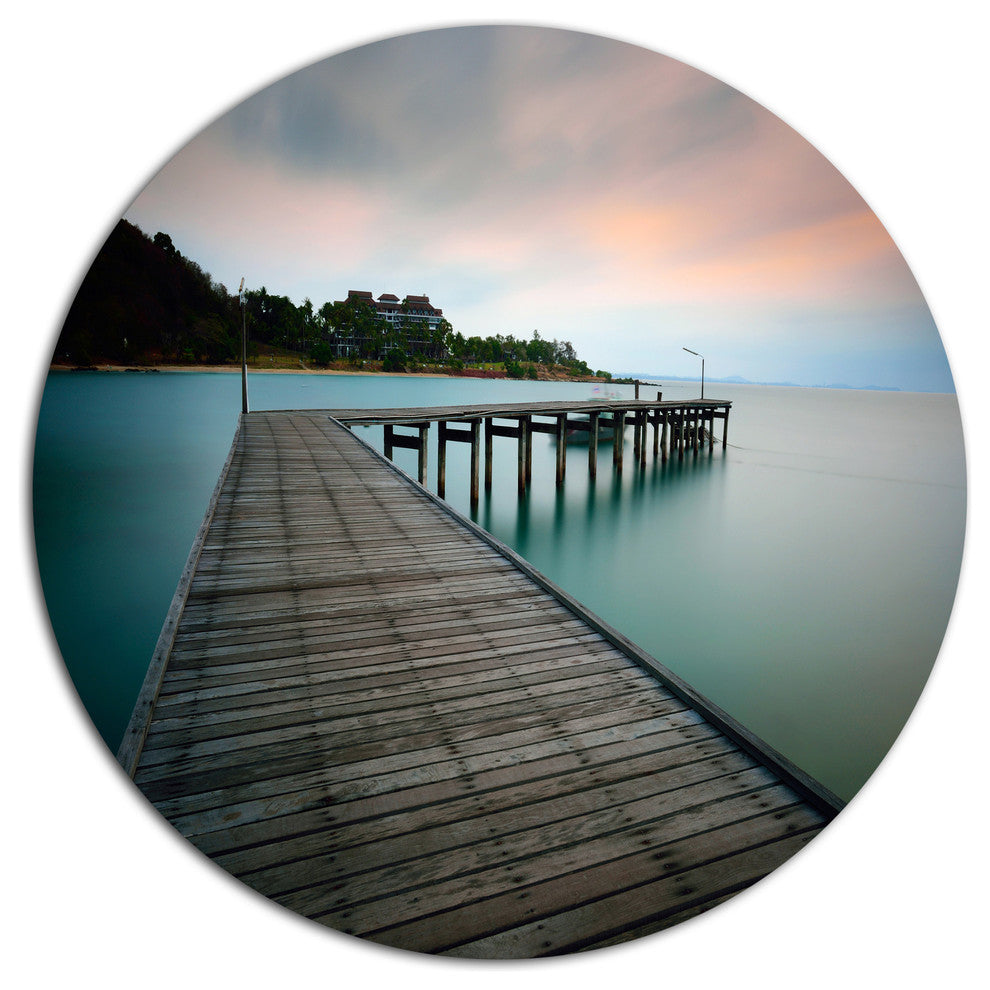 Wooden Bridge Into Blue Sea, Modern Bridge Round Wall Art, 11"
