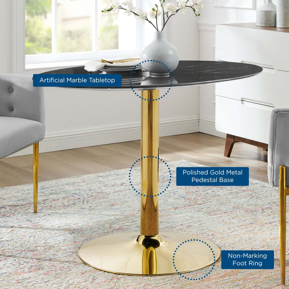 42" Dining Table, Round, Black Gold, Artificial Marble, Modern, Mid Century
