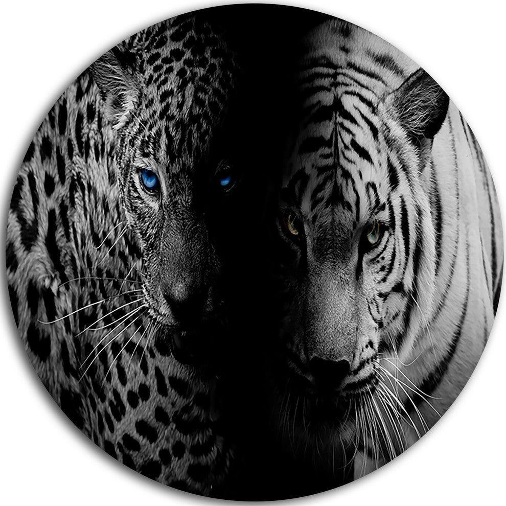 Leopard And Tiger In Black, Animal Digital Art Disc Metal Wall Art, 23"