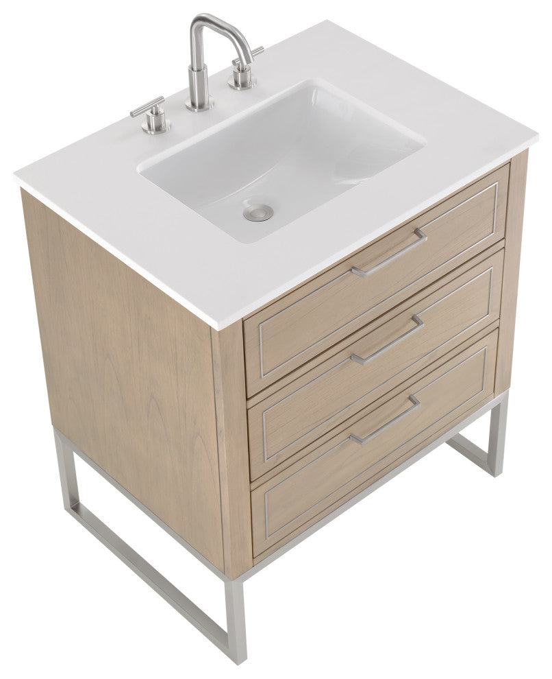 Markham Bathroom Vanity, Cashmere Grey/Brushed Nickel, 30", White Quartz Top
