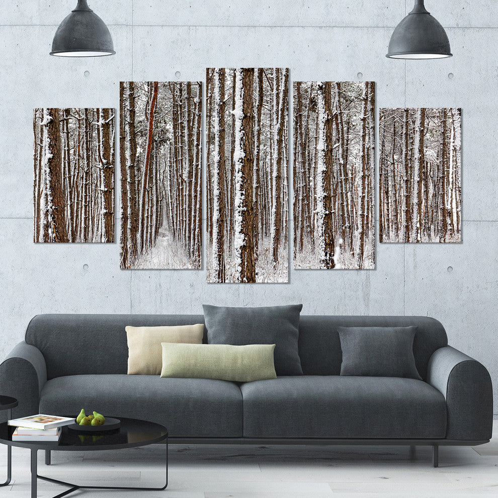 Dense Pine Forest in Winter, Landscape Canvas Art Print, 60"x32", 5 Panels