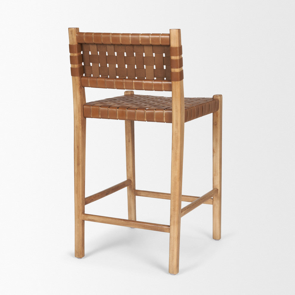 Shane Brown Wood With Woven Brown Leather Counter Stool