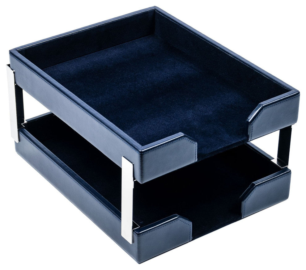 Navy Blue Bonded Leather Double Letter Trays