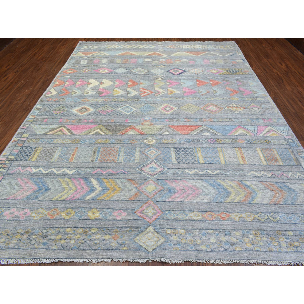 Gray Hand Knotted Inspired With Small Triangular Design Runner Rug, 9'1"x11'8"