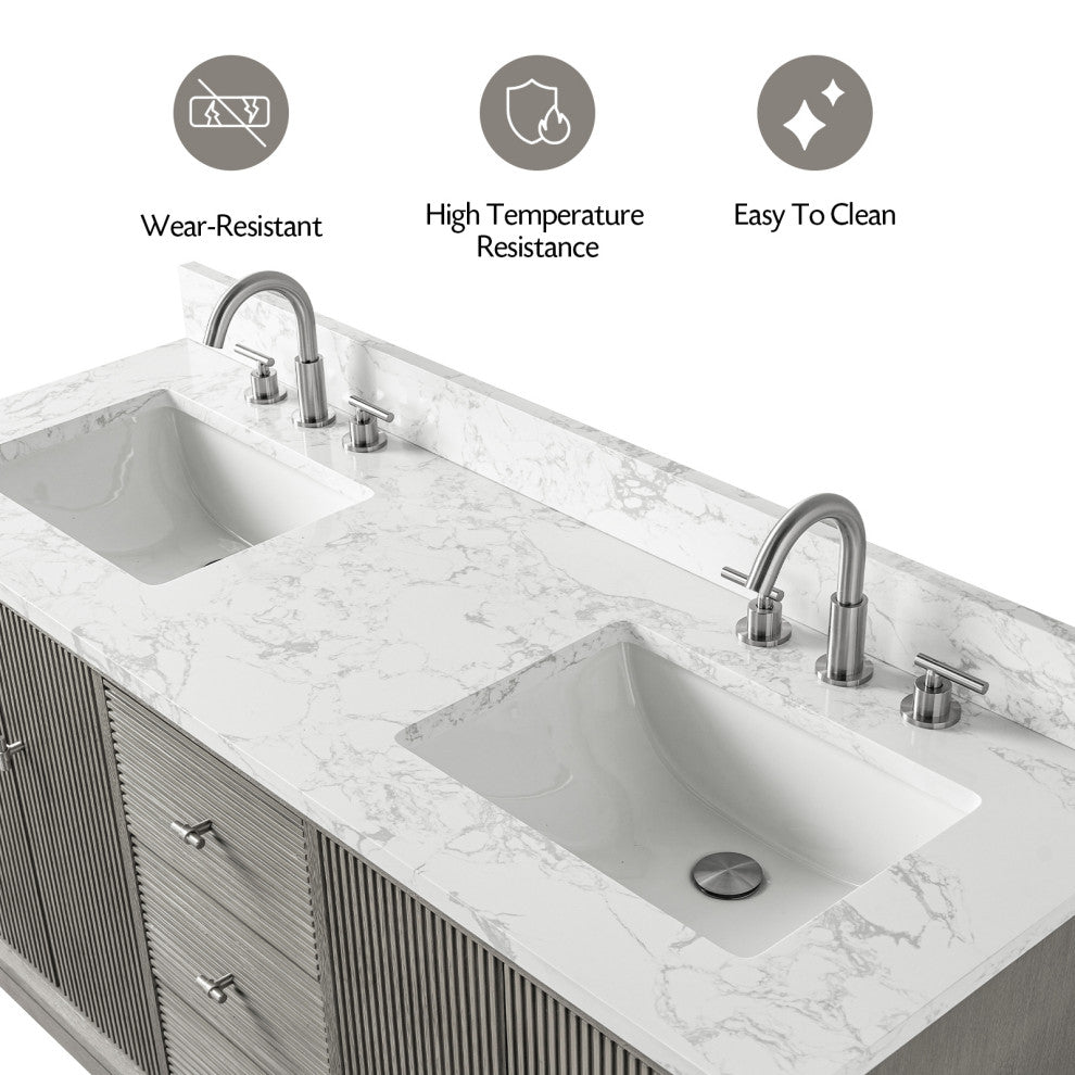 Vanity Art Bathroom Vanity with Engineered Marble Top and Sink, Driftwood Gray, 72" (Double Sink), Brushed Nickel