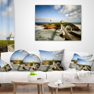 Cloudy Illa Pancha Lighthouse Seashore Photo Throw Pillow, 18"x18"