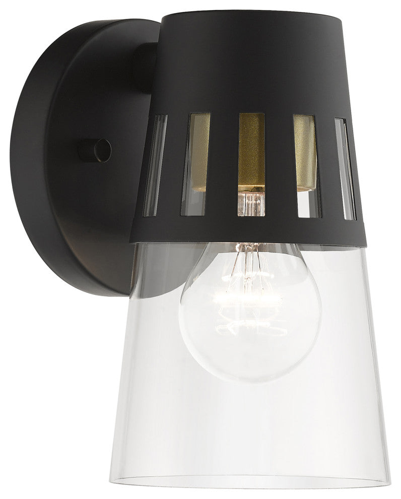 Covington 1-Light Black Outdoor Small Wall Lantern, Soft Gold Accents