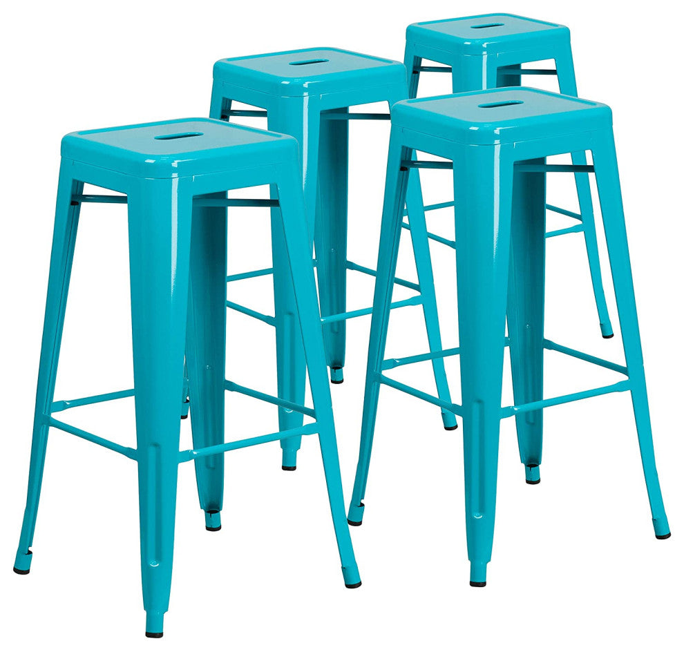 Set of 4 Stackable Bar Stool, Backless Metal Seat, Crystal Teal Blue