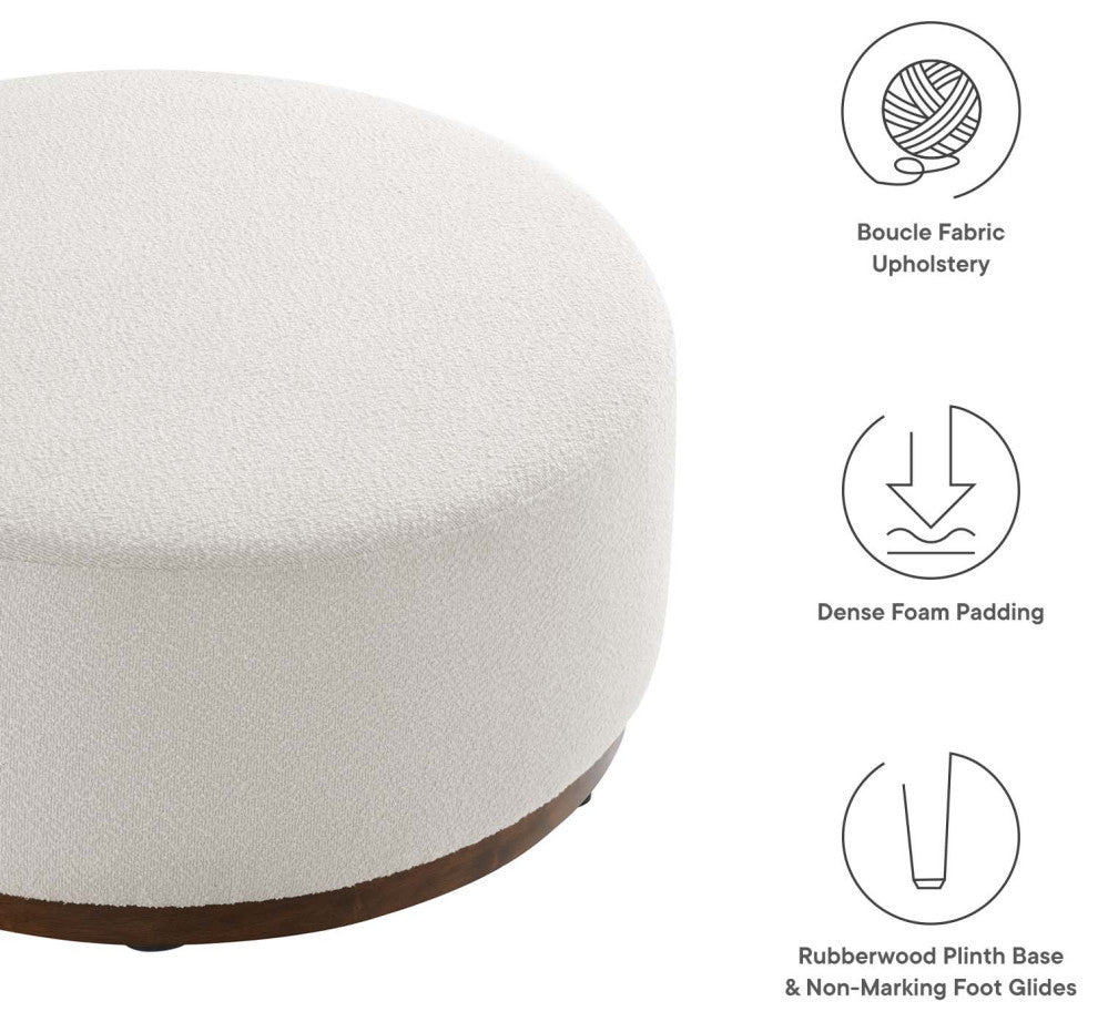 Tilden Large 38" Round Boucle Upholstered Upholstered Ottoman, Cloud Walnut