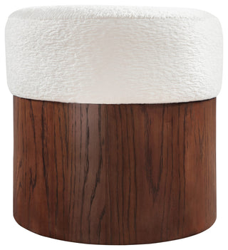 Nimes Upholstered Ottoman, Cream, Velour Fur, Walnut Finish