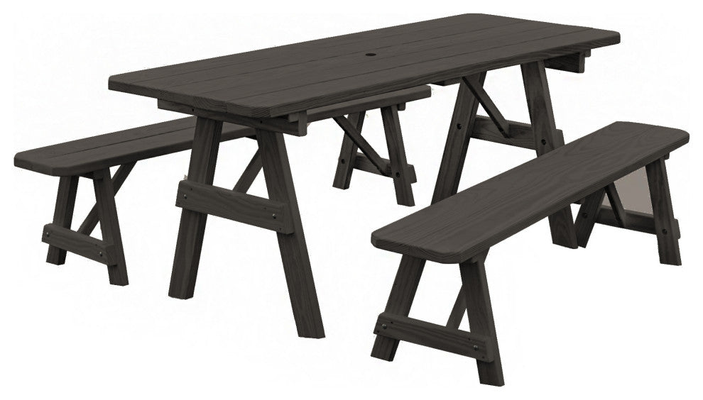 Pressure Treated Pine Picnic Table With 2 Benches, Charcoal Stain, 6 Foot, With Umbrella Hole