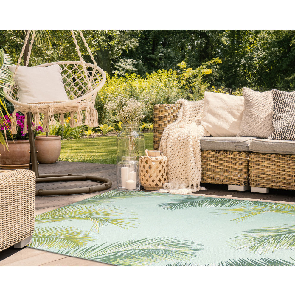 Marina Palm Border Indoor/Outdoor Rug, Aqua, 8'10"x11'9"