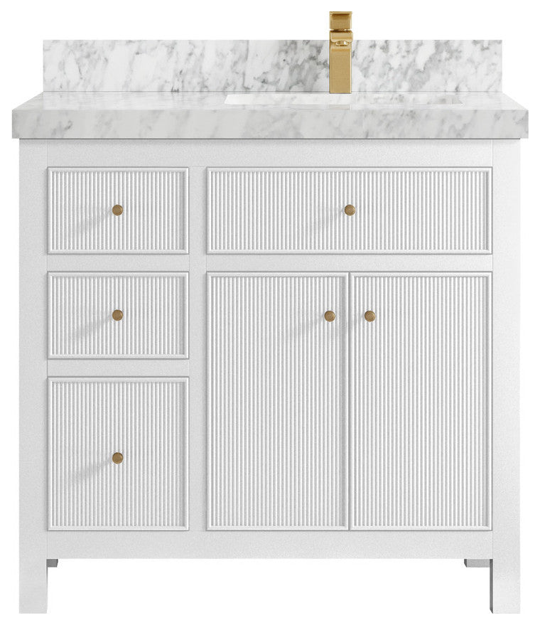 Sonoma 36 Right Offset Reeded  Bath Vanity in White 2" Carrara Marble