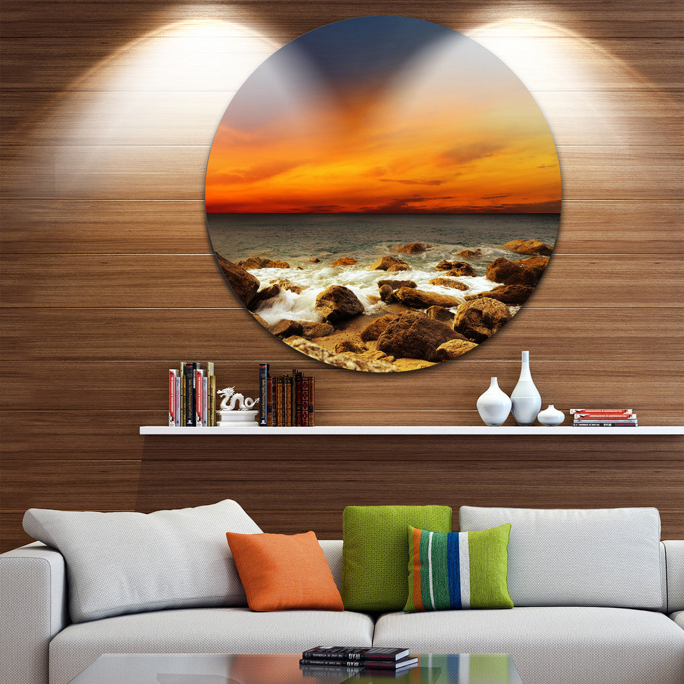 Red Sky Over Rocky Seashore, Beach Photography Disc Metal Wall Art, 38"
