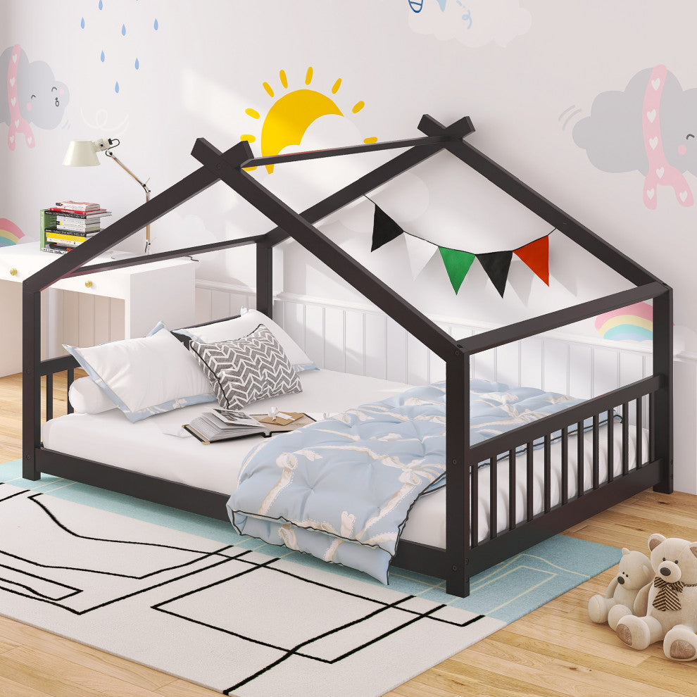 Gewnee Full Size House Bed Wood Bed in Espresso