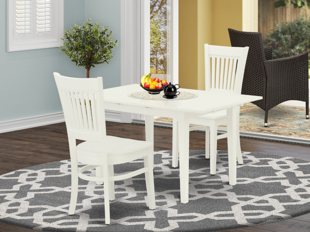 3Pc Kitchen Set 2 Wood Dining Chairs, Small Butterfly Leaf Table, Linen White