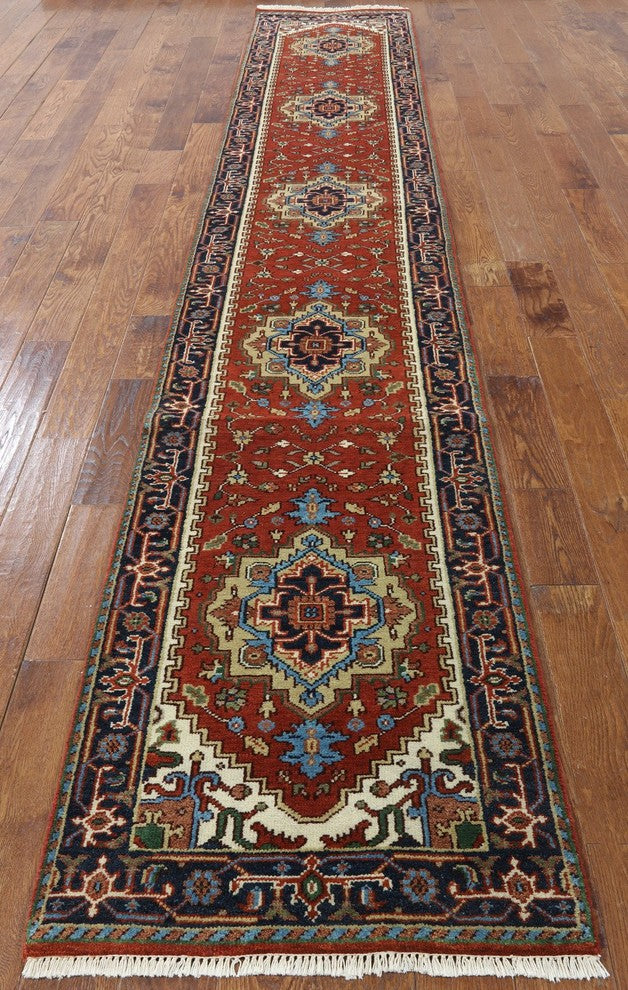 Red & Blue 3'x16 Heriz Serapi Runner Hand Knotted Wool Rug H9250