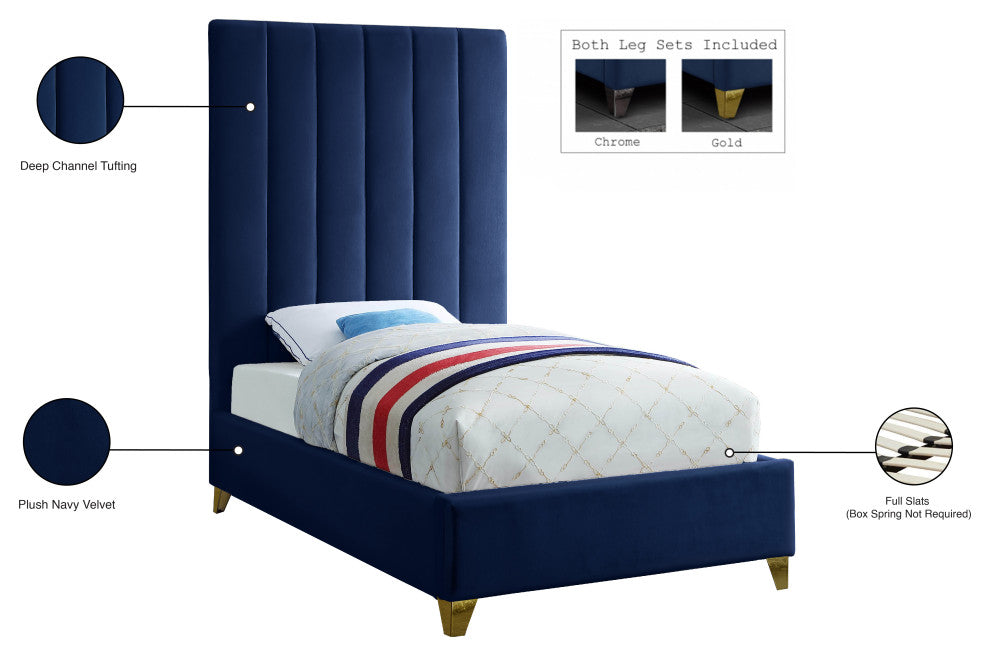 Via Velvet Upholstered Bed, Navy, Twin