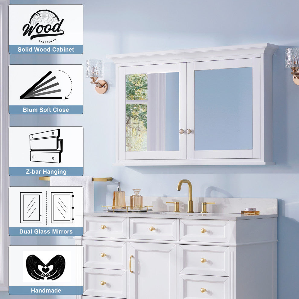 Handmade Solid Wood Medicine Cabinet with Ample Storage Space in White, 48"x30" Double Doors