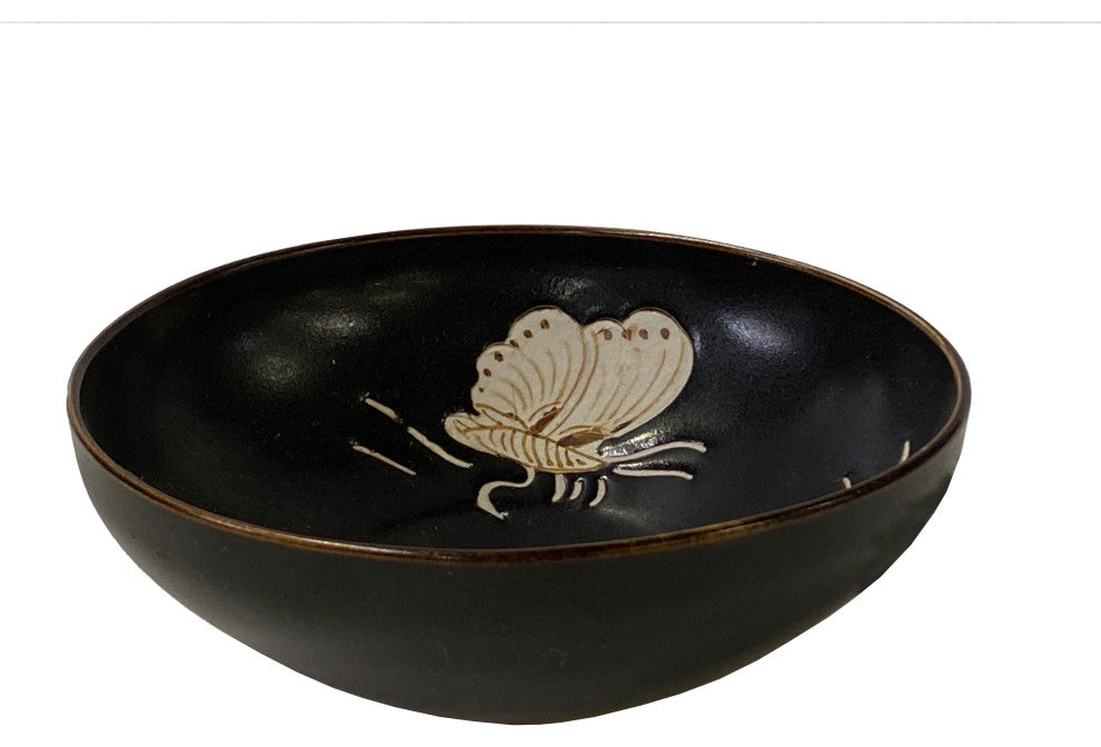 Chinese Ware Brown Black Glaze Butterflies Ceramic Bowl Cup Display Hws3157