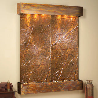 Majestic River Water Fountain, Brown Marble, Rustic Copper, Square Edges
