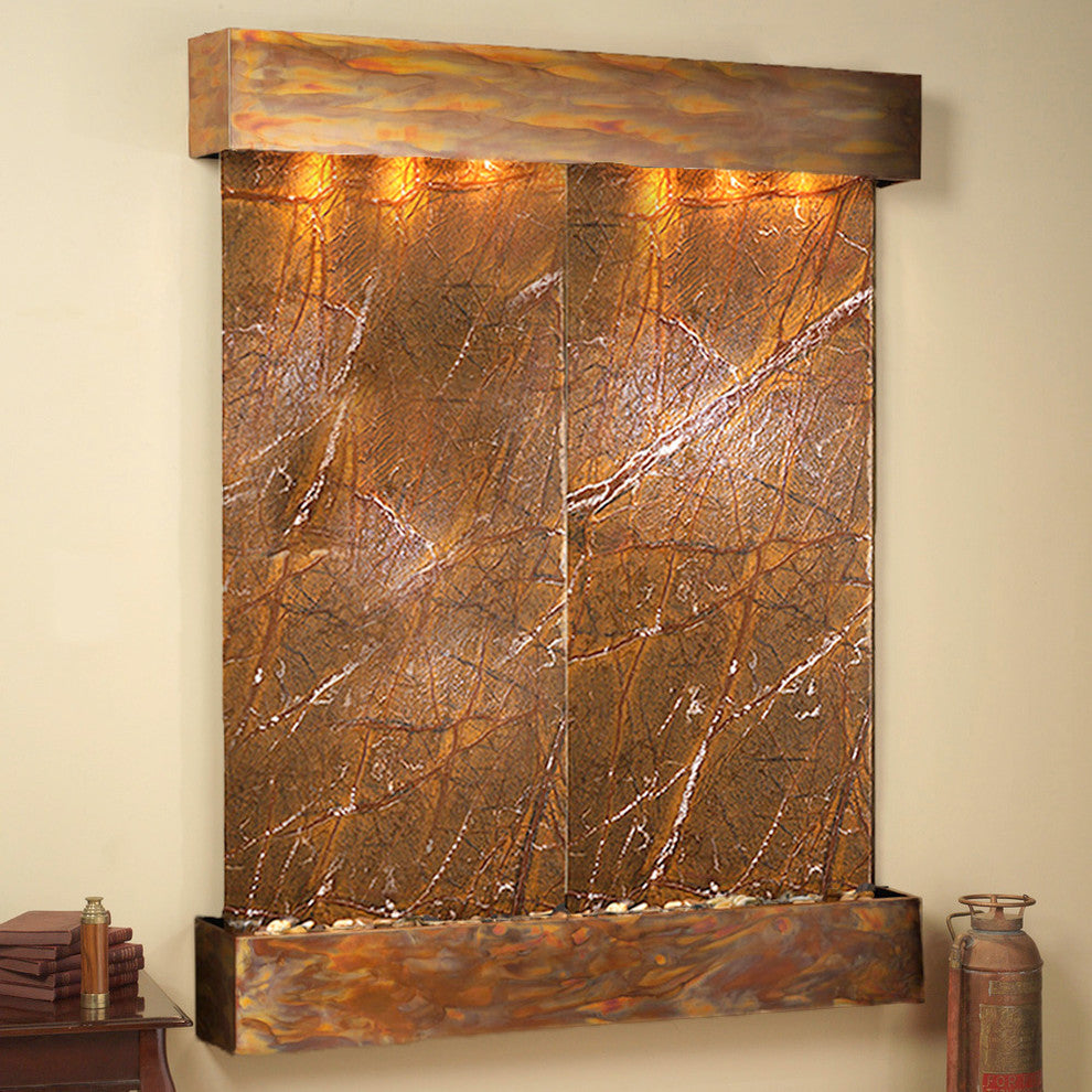 Majestic River Water Fountain, Brown Marble, Rustic Copper, Square Edges